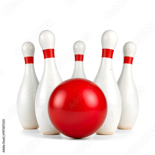 Bowling ball striking bowling pins set isolated on white background, Strike, Hit, Impact, Bowling, Pins, Skittles, Alley, Sport