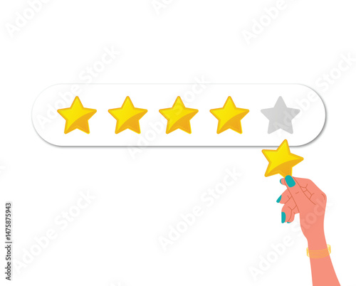Hand giving five star rating feedback with one star unfilled. The background is white, emphasizing the rating concept.
