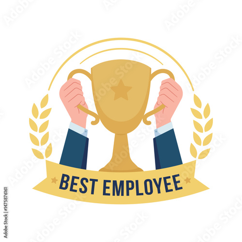 Top employee, best Employee, competition winner and best performence badge. Hand holding trophy in flat style vector illustration