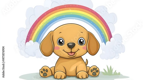 Cheerful cartoon dog under a vibrant rainbow.