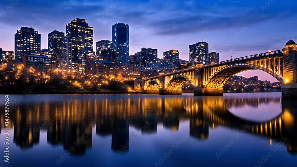 Illuminated Cityscape at Dusk Reflecting in Calm Water Under a Bridge with City Skyline and Architecture at Twilight with Blue Sky in the Background Illuminated Cityscape at Dusk Reflecting in Calm Water Under a Bridge with City Skyline and Architecture at Twilight with Blue Sky in the Background