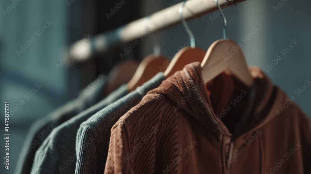 Fototapeta premium Cozy Hoodies Hanging on a Rack in a Fashion Boutique with Soft Lighting and Minimalistic Background