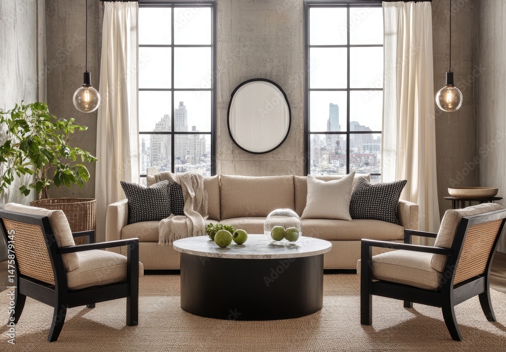 Fototapeta premium Living Room Interior With Windows, Round Marble Coffee Table and Accent Chairs