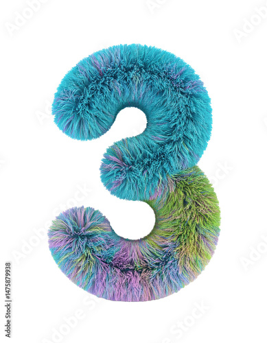 number  shape with fullcolor fur isolated on white Background 3d rendering png photo
