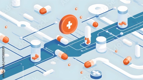 Medical technology isometric design with pills and capsules.