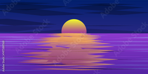 Sunset or sunrise in ocean, nature landscape background, pink clouds flying in sky to shining sun above sea with rocks sticking up of water surface.