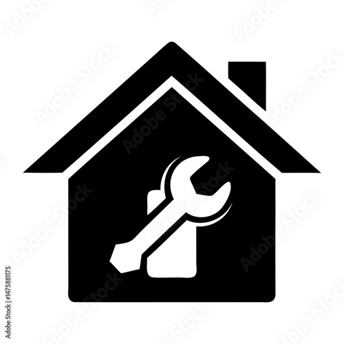 Black Silhouette Home Repair Icon with Wrench on Clear Background