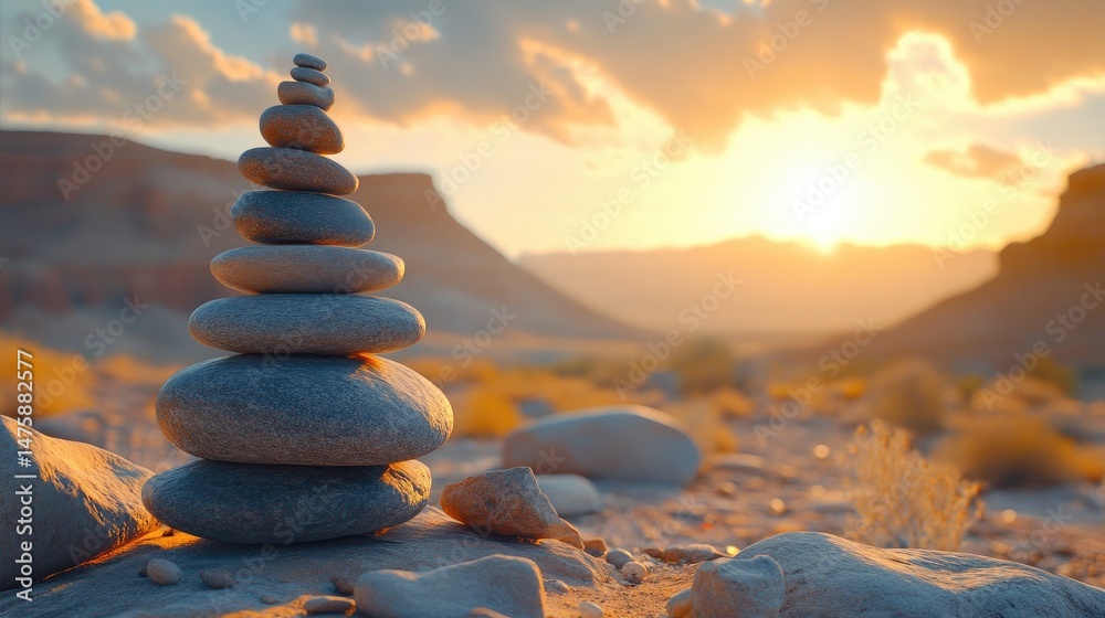 Obraz premium Balanced stones, a tranquil scene of the desert landscape.