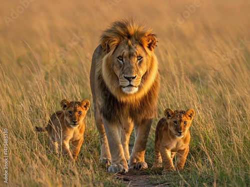 A lion and its cute cubs are walking  in the savannah