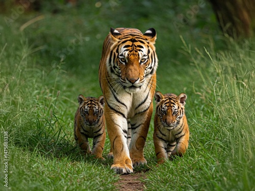 A tiger and its cute cubs are walking  in the jungle