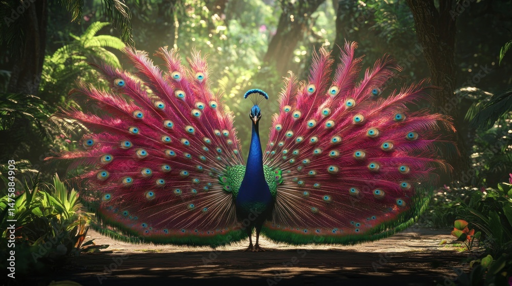 Obraz premium Majestic peacock displays vibrant plumage in a lush jungle