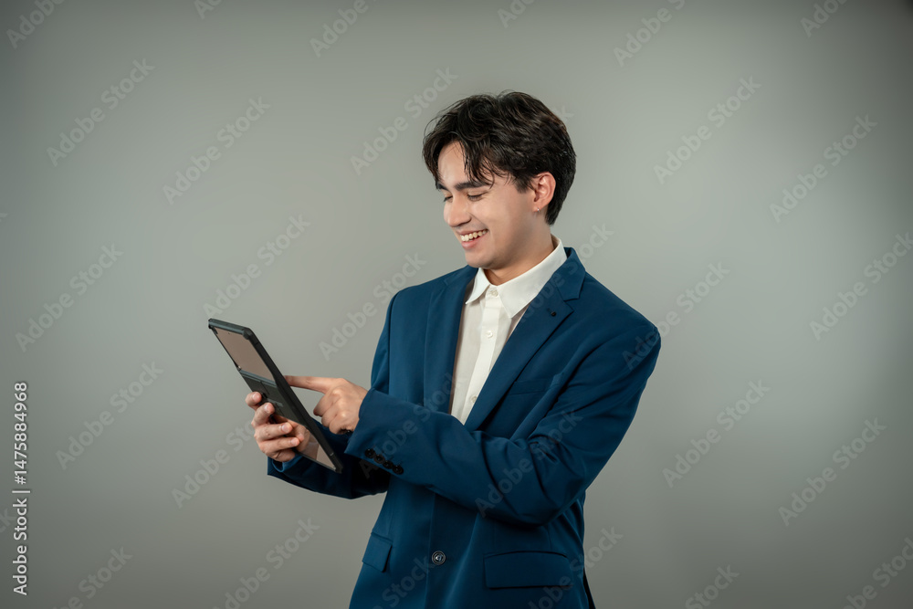 Portrait of Asian businessman using tablet device in isolated background. Portrait of Asian businessman using tablet device in isolated background.