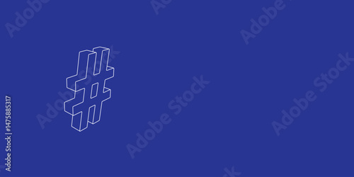 The outline of a large hash symbol made of white lines on the left. 3D view of the object in perspective. Vector illustration on indigo background