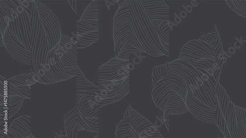 Abstract seamless pattern features flowing, organic lines in a light gray on a muted dark gray background. The lines create a sense of  movement and volume