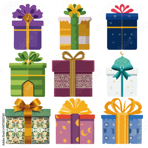 Set of  Eid gift box Flat Vector Illustration on Transparent Background