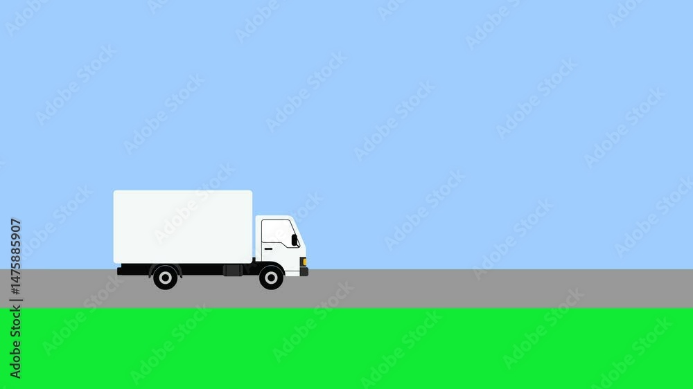 2D animation of a white delivery truck driving from left to right along a road with green grass and blue sky background. The clean and simple vector style makes it ideal for logistics, delivery, busin