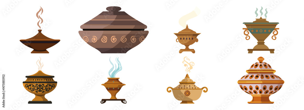 Set of  Oud incense burner Flat Vector Illustration on Transparent Background
