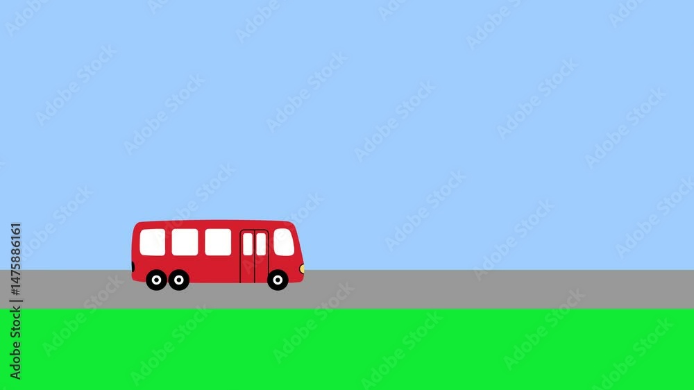 2D animation of a red city bus driving from left to right on a road with green grass and a blue sky background. The cartoon-style animation is ideal for urban transport themes, children’s content, edu