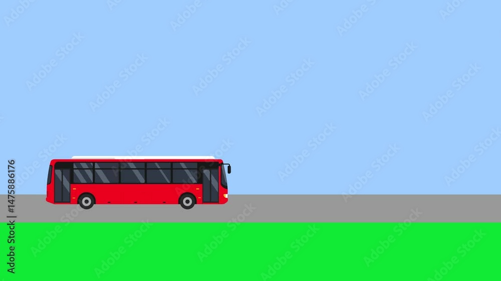 Animated Coach Red Bus Driving Left to Right – Flat Style Highway Bus on Road with Blue Sky and Grass for Transportation, Travel, and Educational Videos
