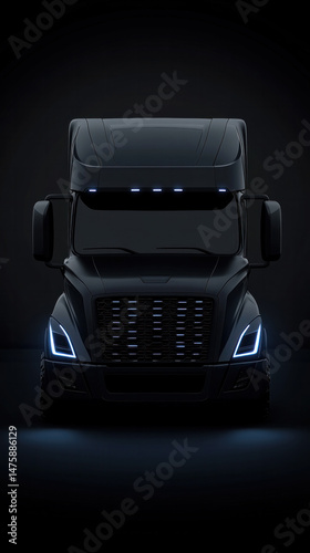 A large semi truck with a bright blue light on the front. The truck is black and has a shiny, modern look to it