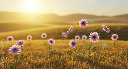 Fototapeta Naklejka Na Ścianę i Meble -  Golden Hour Meadow: Interconnected Flowers in a Vibrant Sunset Landscape, Representing Nature's Network and Technological Harmony