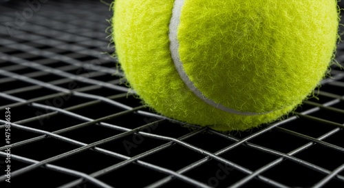 Tennis ball on racket sport equipment close up macro shot professional game match competition yellow ball