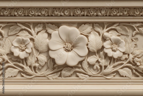 Ornate floral relief carving design in cream color.