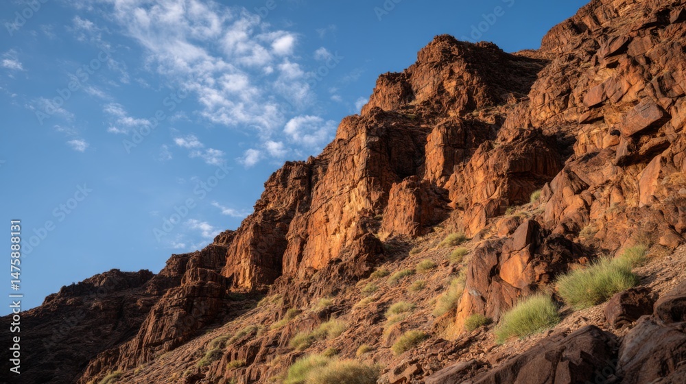 Fototapeta premium Majestic Rocky Mountain Landscape Under Clear Blue Sky with Sunlit Cliffs and Greenery in Warm Desert Environment