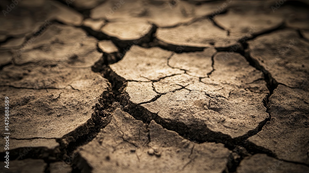 Fototapeta premium Close-up of a rugged stone surface with natural cracks and texture, displaying earthy tones illuminated by directional side lighting, creating a dramatic and deep visual effect.
