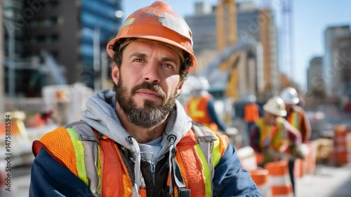 Construction Worker's Gaze: A focused construction worker, adorned in safety gear, stands confidently amidst the bustling construction site, embodying resilience, determination.