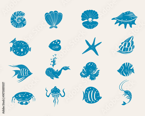 Hand drawn vector icons of sea life in blue color. Shell, starfish, whale, octopus, jellyfish, crab, shrimp, Fish cute symbols.