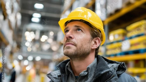 Warehouse Manager: A pensive warehouse manager, wearing a yellow hard hat, gazes thoughtfully upward, amidst towering shelves brimming with goods in a bustling warehouse environment.