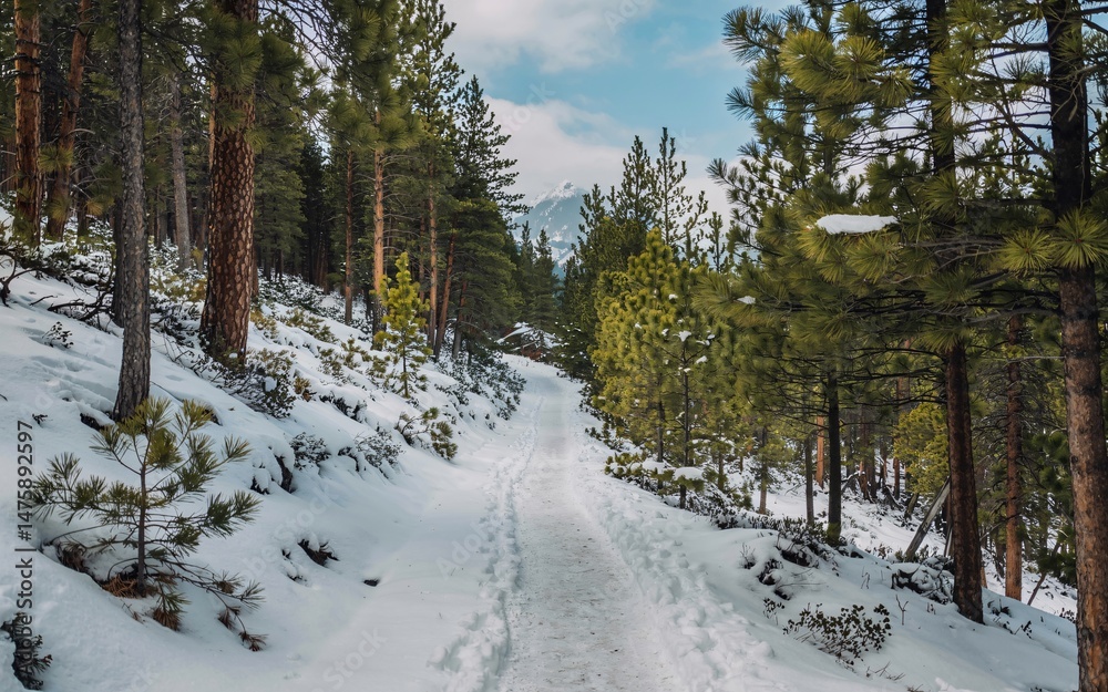 Fototapeta premium winter, Banff, Canada, Snowy winter path through pine forest