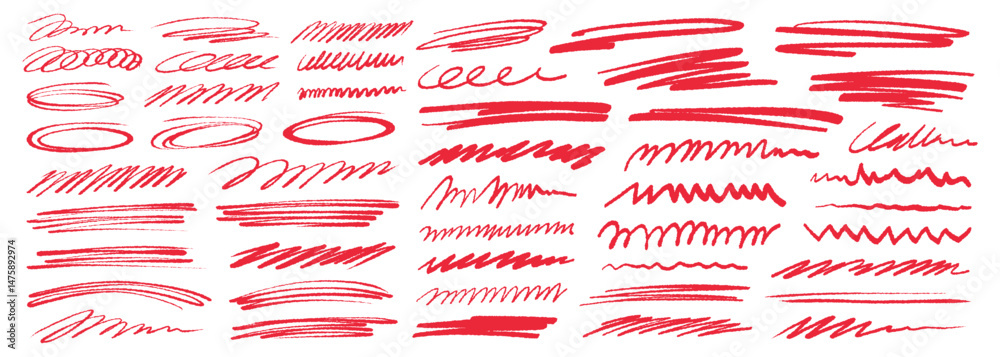 Red grunge strike through and underline elements. Set of hand drawn red pencil lines and strokes. Doodle vector ink brush lines. Crosses and curved strokes.