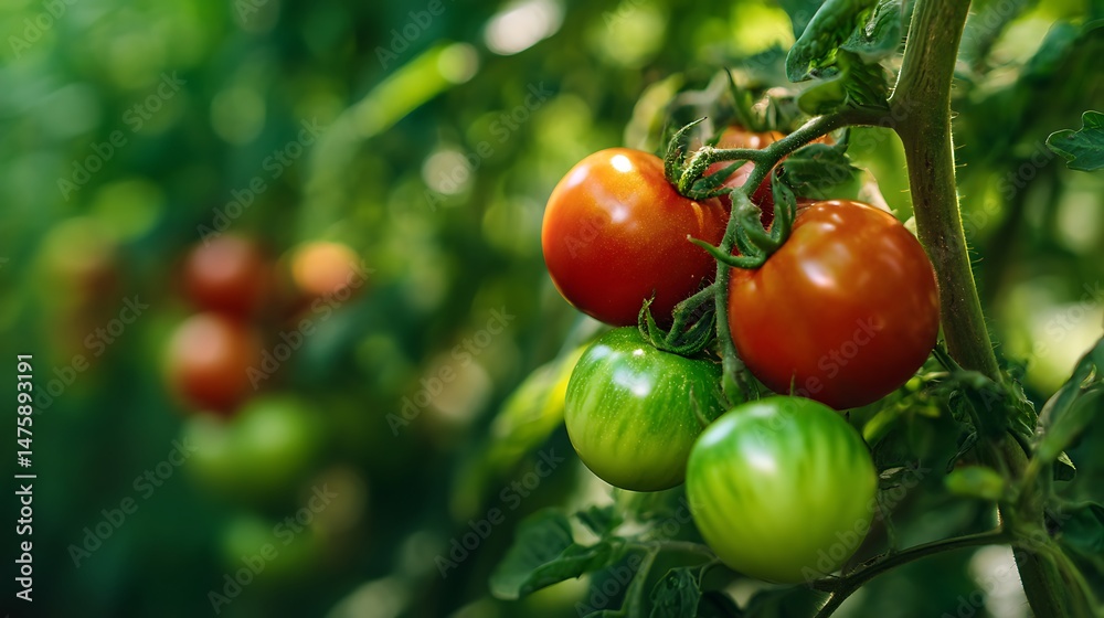 Green and Red Tomatoes Growing on the Vine in a Sunny Garden – Organic Tomato Plantation Background Green and Red Tomatoes Growing on the Vine in a Sunny Garden – Organic Tomato Plantation Background