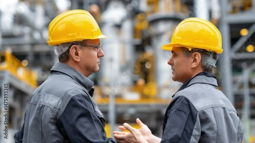 Professional discussion in the Industry: Two seasoned engineers engage in a focused conversation, set against the backdrop of a modern industrial plant.