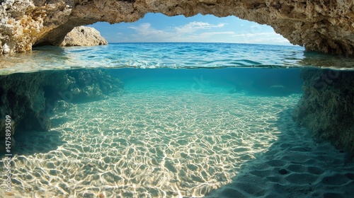 Clear turquoise water beneath a rocky cave archway.