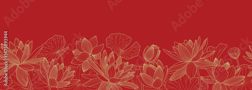 Asian seamless border with lotuses and water lilies on red background. Vector line art, luxury poster.