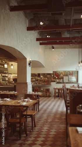 Rustic restaurant interior with wooden tables and chairs, exposed brick walls, and checkerboard tile floors creating a warm and inviting atmosphere.