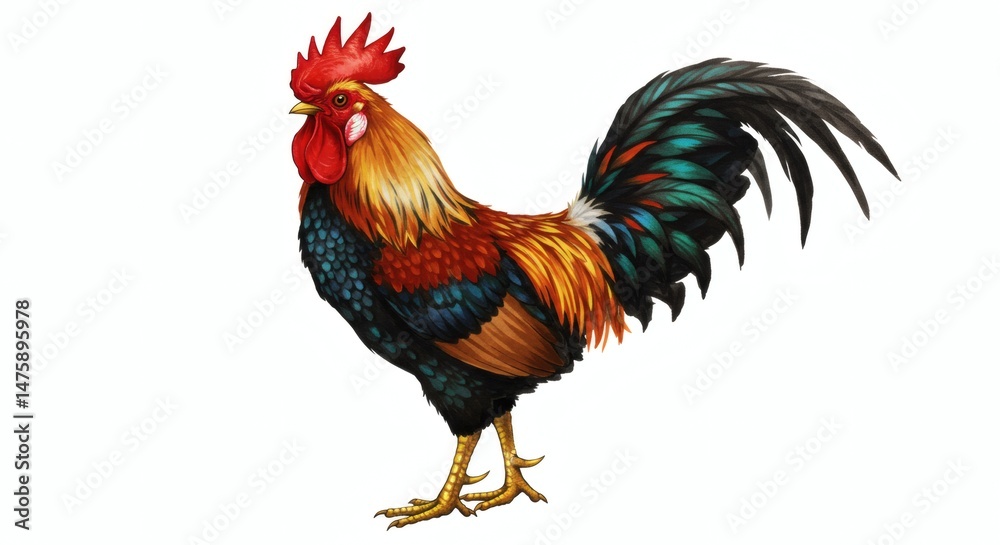 Fototapeta premium Standing Rooster Illustration with Bright Feathers on White Background