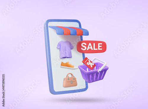 3D Vector Illustration Rendering of Online Mobile Shop, Showing Products of T-shirt, Sneakers and Fashion Bags with Shopping Cart, Discount Coupon and SALE Sign, Shopping Concept, Discount Promotion.
