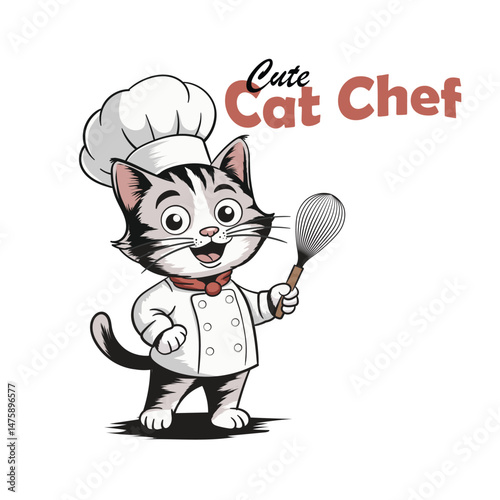 Cute cartoon cat chef smiling while holding cooking utensils, wearing white chef's coat and hat