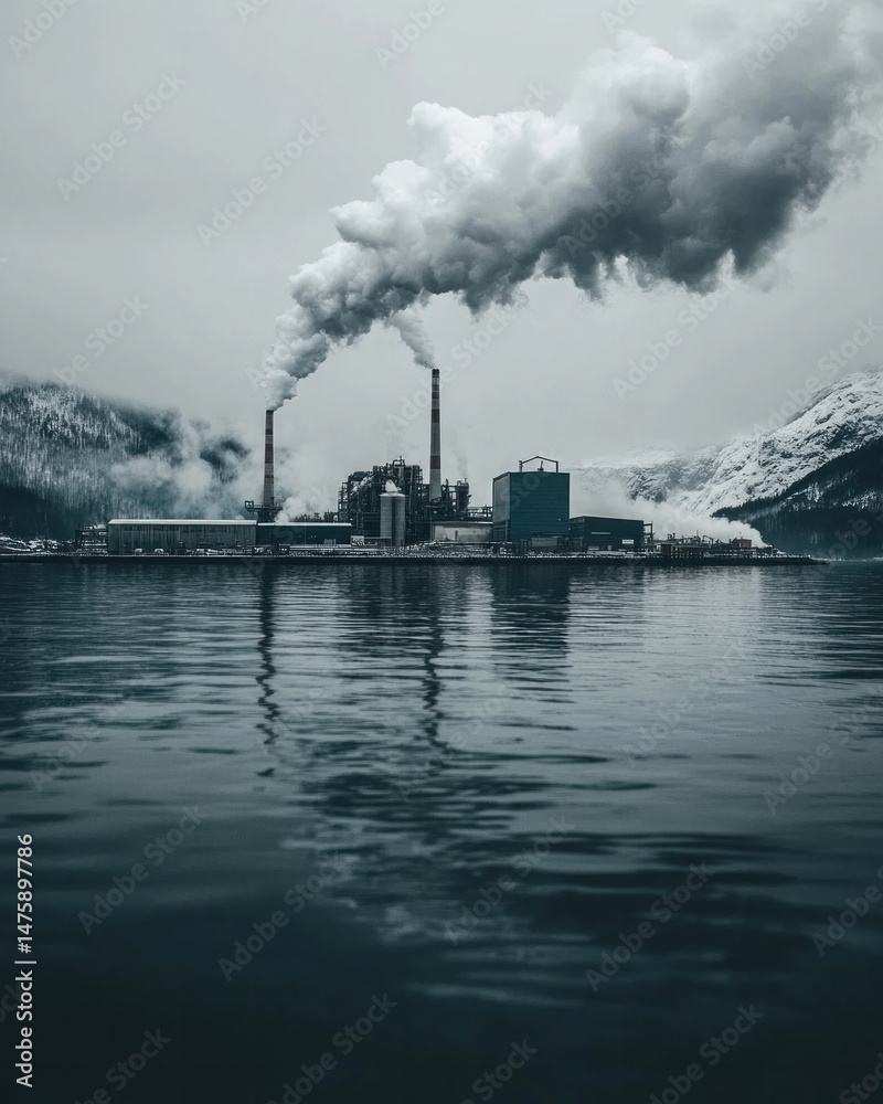 Fototapeta premium A large industrial plant is emitting smoke into the air. The smoke is billowing out of the plant and into the sky. The scene is bleak and ominous, with the smoke