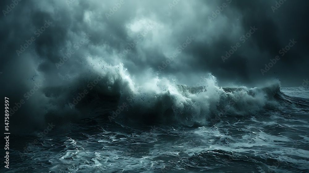 Fototapeta premium Dramatic Ocean Wave Crashing Under Dark Stormy Sky with Turbulent Water