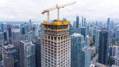 Aerial construction progress of a steel tower in a bustling cityscape urban environment elevated perspective