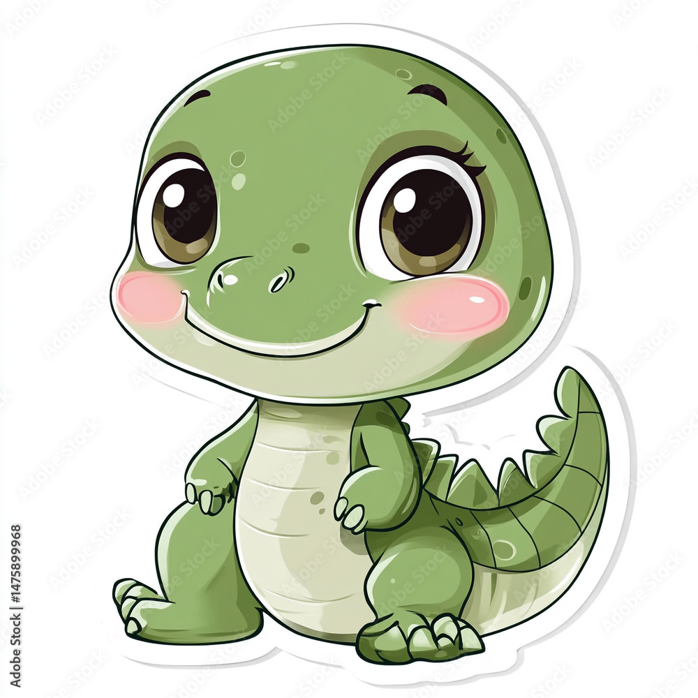 Obraz premium A cute cartoon baby crocodile with big, expressive eyes sits with a friendly smile, featuring a green scaly body and a playful design.