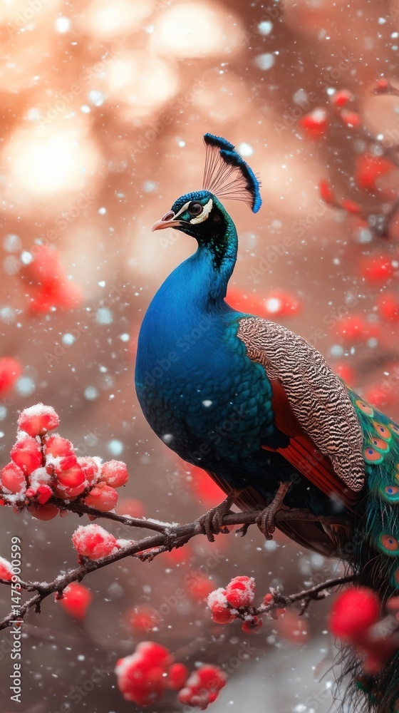 Fototapeta premium Vibrant peacock perched on a branch in winter.