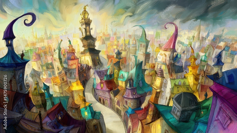 Naklejka premium A vibrant, whimsical cityscape illustration with ornate structures.