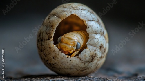 Small insect larva hatching from an egg with a cracked shell