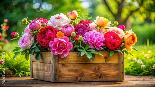 Fototapeta Naklejka Na Ścianę i Meble -  Vibrant peonies and roses in a wooden planter , floral art, garden,  floral art, garden, home decor